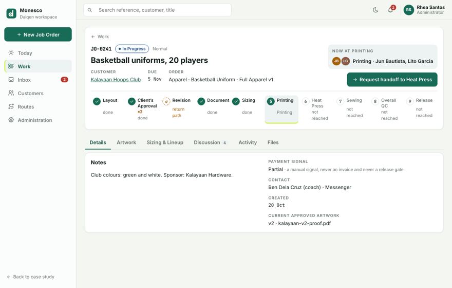Job Order JO-0241 in Dalqen: basketball uniforms for 20 players, at the Printing stage with Layout, approval, Revision, Document and Sizing done